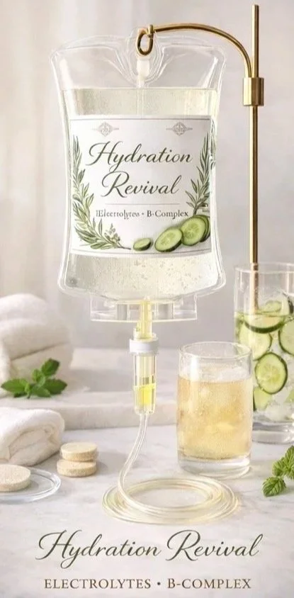 A clear IV drip bag labeled 'Hydration Revival' with electrolytes and B-complex, connected to a tube, placed next to glasses of cucumber-infused water and hydrating drinks.