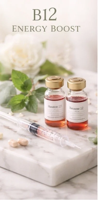 Two vials labeled B12 Energy Boost, a syringe, and some pills on a marble surface with green leaves and white flowers in the background.