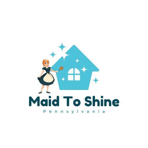 Logo for 'Maid To Shine Pennsylvania' featuring a cartoon maid with a feather duster next to a glowing blue house.