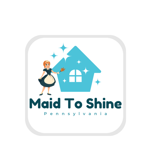 Logo for Maid To Shine Pennsylvania featuring a cartoon maid girl holding a feather duster and a blue house with sparkling stars.