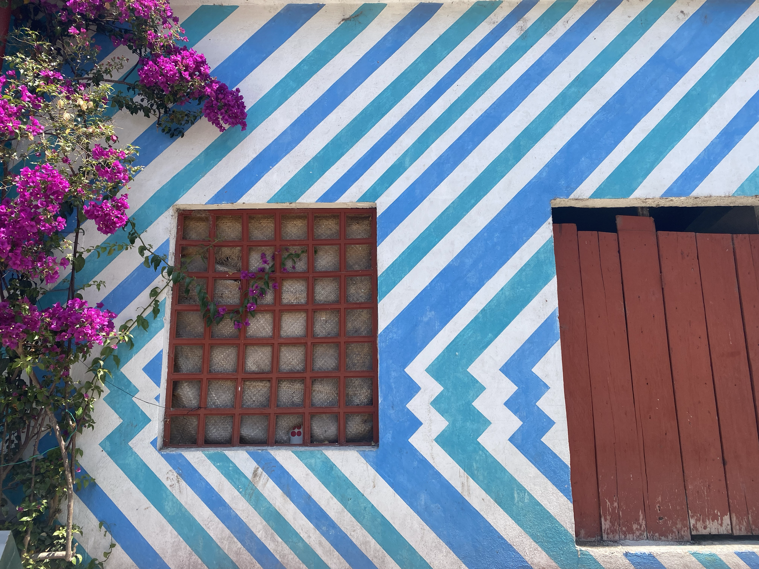 A building wall with diagonal blue and white stripes, a small window with a red grate, purple flowering bushes on the left, and a closed red door on the right.