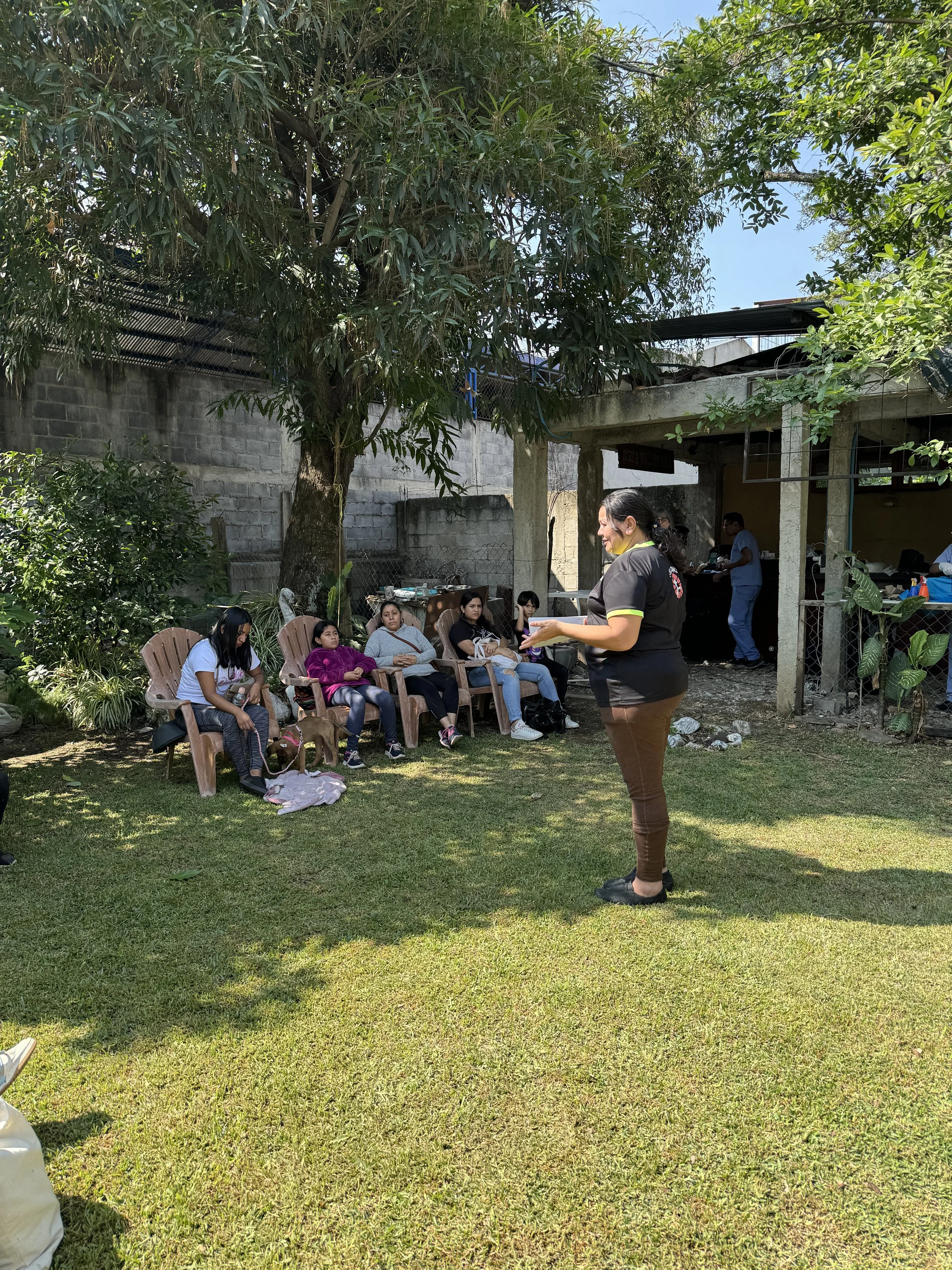 A woman stands in front of a group of seated people outdoors under a large tree, with some people working at a table in the background.