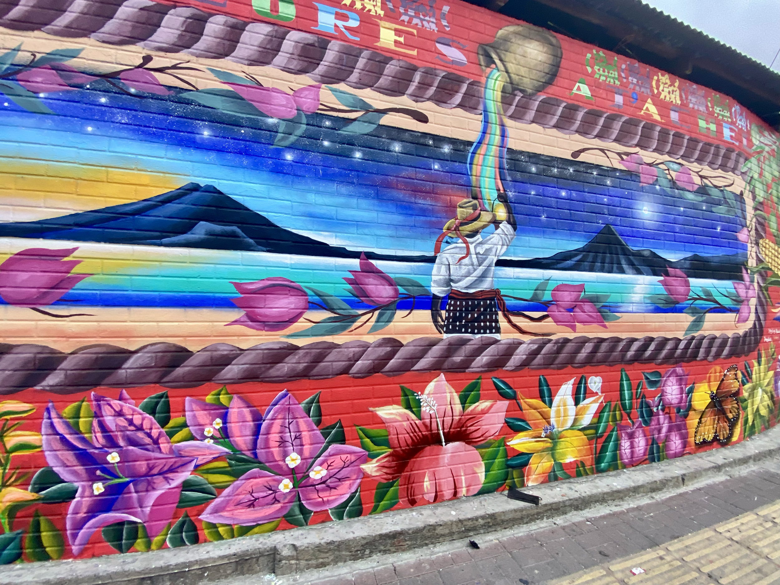 Colorful mural of a woman in traditional clothing overlooking a lake with two mountains in the background, decorated with pink and purple flowers, butterflies, and a rainbow in the sky.