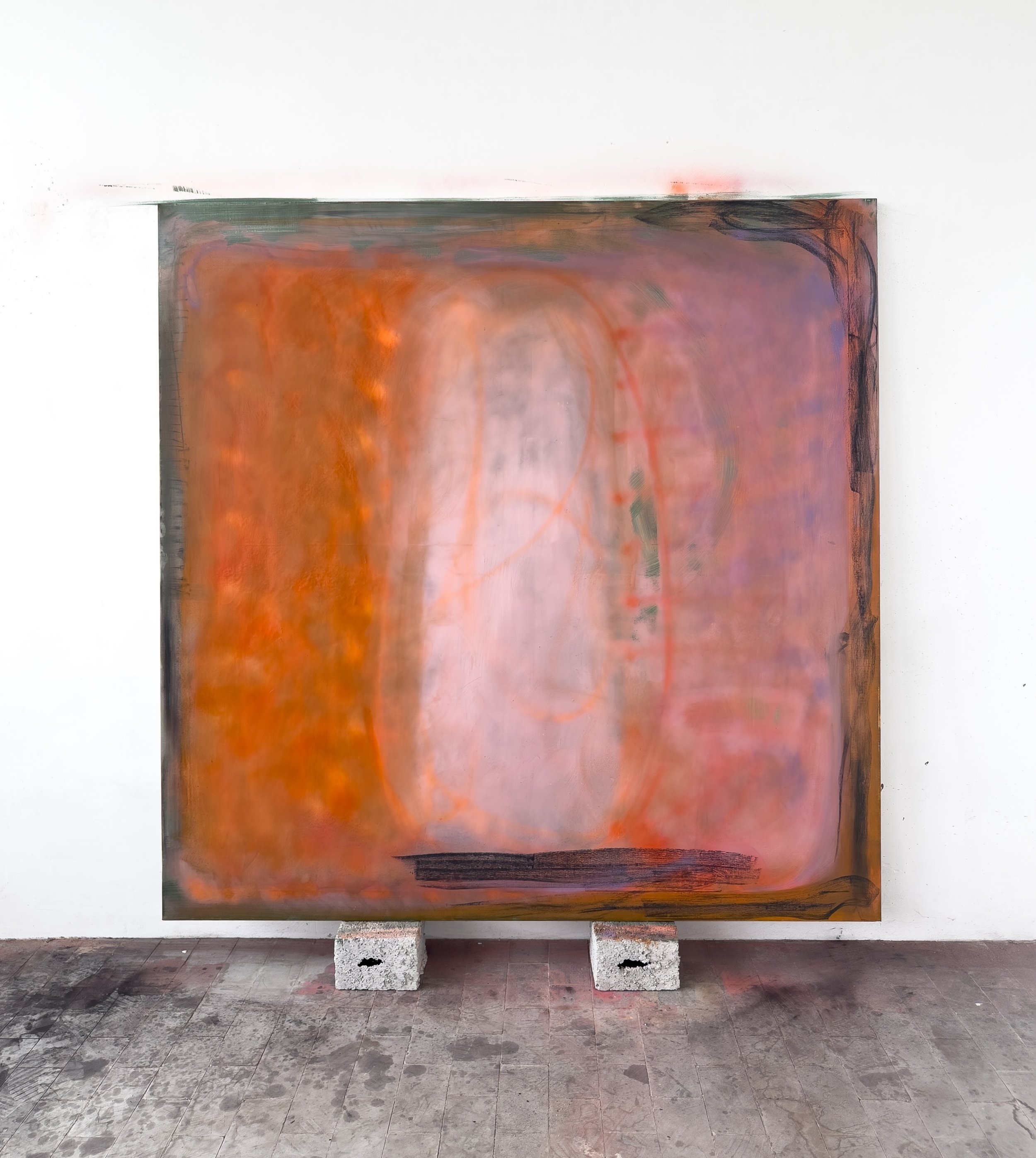 25-3, 2025, studio view – oil, pigments, spray and oil pastels on canvas, cm 175x175