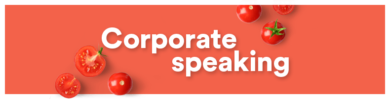 Red background with cherry tomatoes and green tomato stem, alongside bold white text that reads "Corporate speaking."