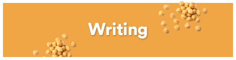 The image contains a mustard yellow background with the word 'Writing' in white text centered. There are scattered chickpeas or similar round, beige snacks around the text.