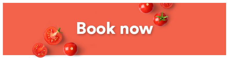 Red banner with scattered cherry tomatoes and the text "Book now" in white.