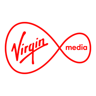 Virgin Media logo with a red background and white text in a stylized infinity symbol.