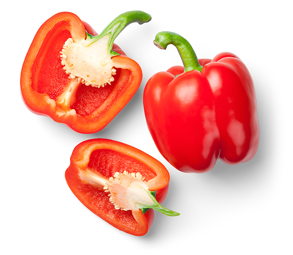 Whole red bell pepper, and two halves of a red bell pepper showing seeds inside.