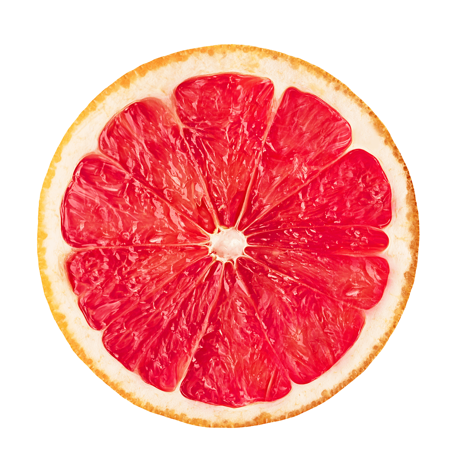 A cross-section of a grapefruit showing segments of pinkish-red fruit inside a yellowish-orange rind.