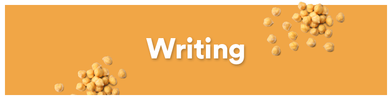Orange background with the word 'Writing' in white text and scattered chickpeas.