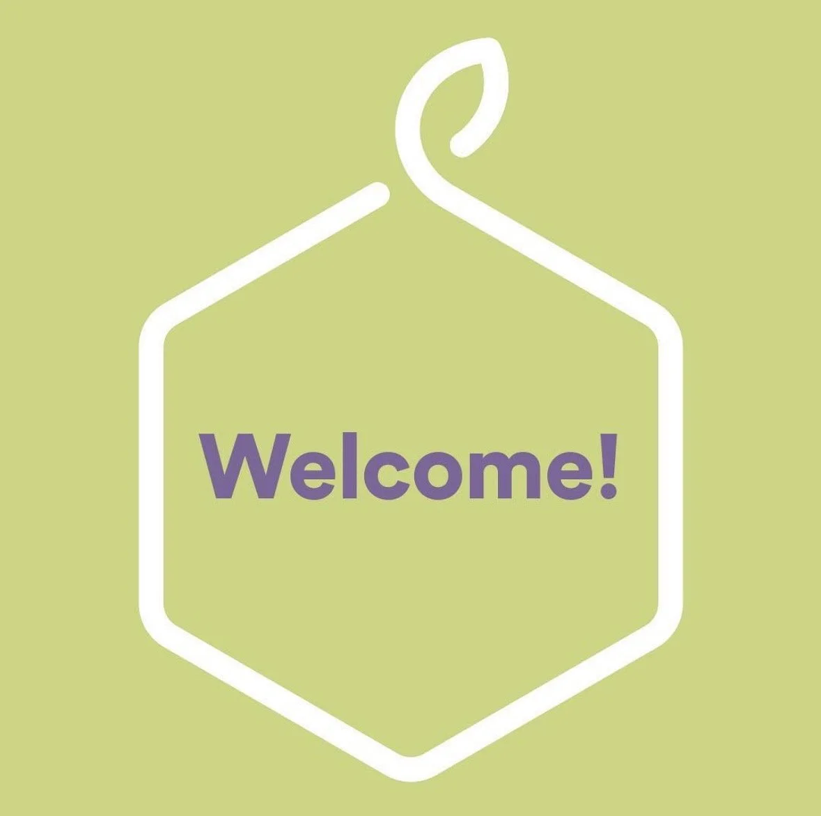 Green background with a white hanging sign featuring the word 'Welcome!' in purple text.