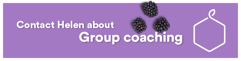 Purple background with white text reading 'Contact Helen about group coaching' and blackberries, along with a white chemical structure outline.