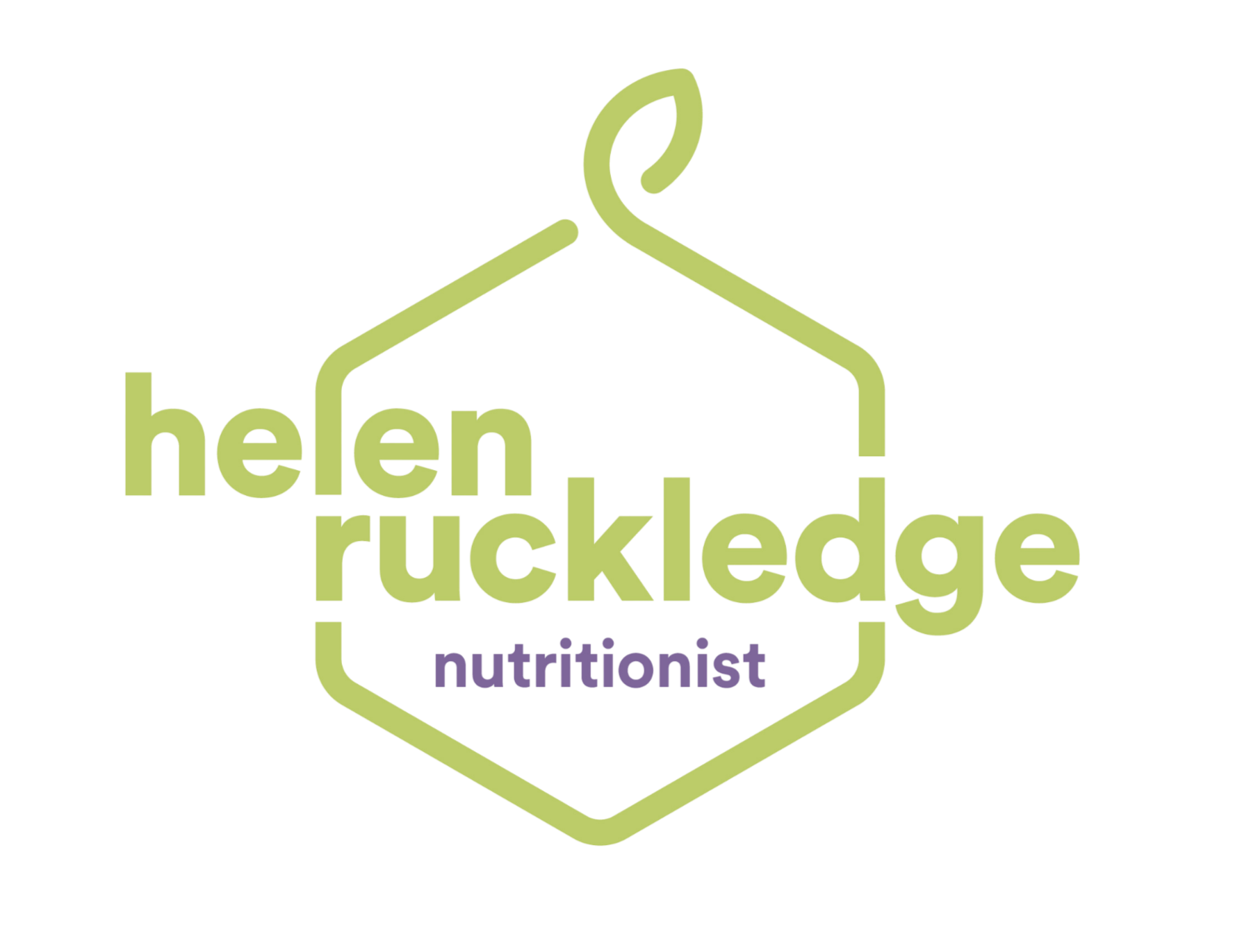 Logo for Helen Ruckledge, a nutritionist, featuring a stylized hanger with a green outline, the name 'Helen Ruckledge' inside the hanger in green text, and the word 'nutritionist' in purple beneath.