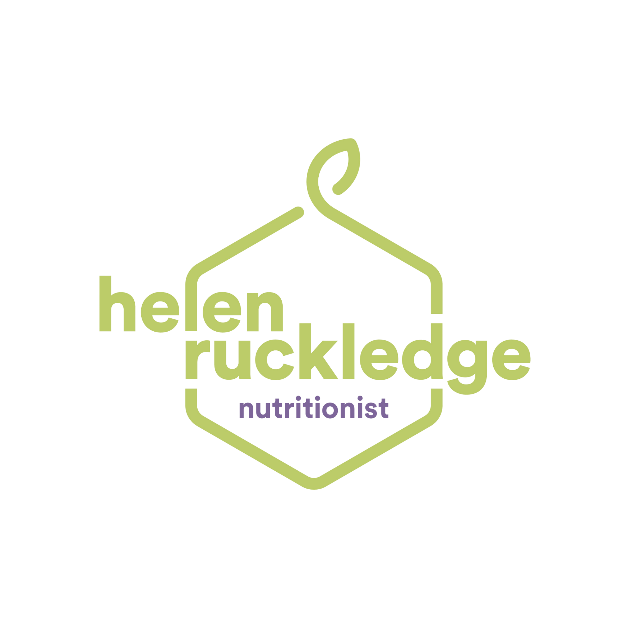 Logo for helen.rickledge, a nutritionist, featuring a stylized outline of a hand and a leaf. The design is in light green with the text in light green and purple.