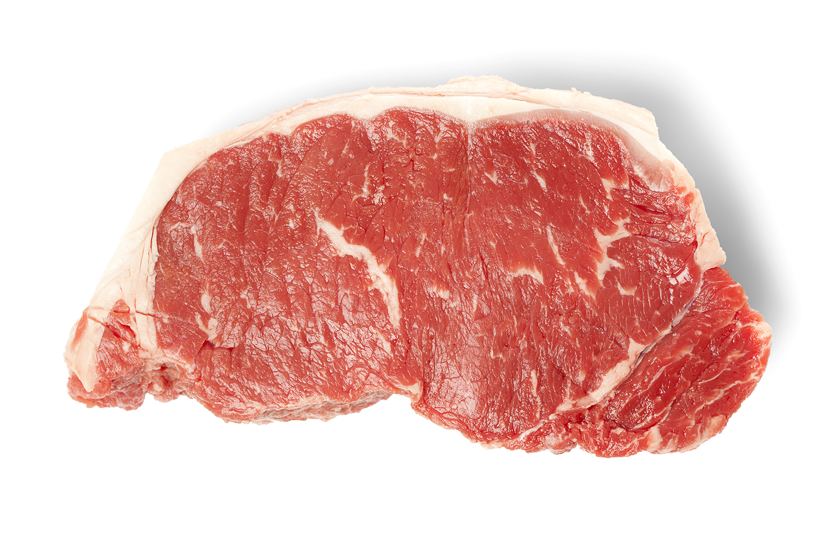 Raw beef steak with marbling and a fat cap.