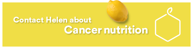 Yellow banner with a lemon at the top right corner, text reading 'Contact Helen about Cancer nutrition,' and a white geometric icon on the right side.
