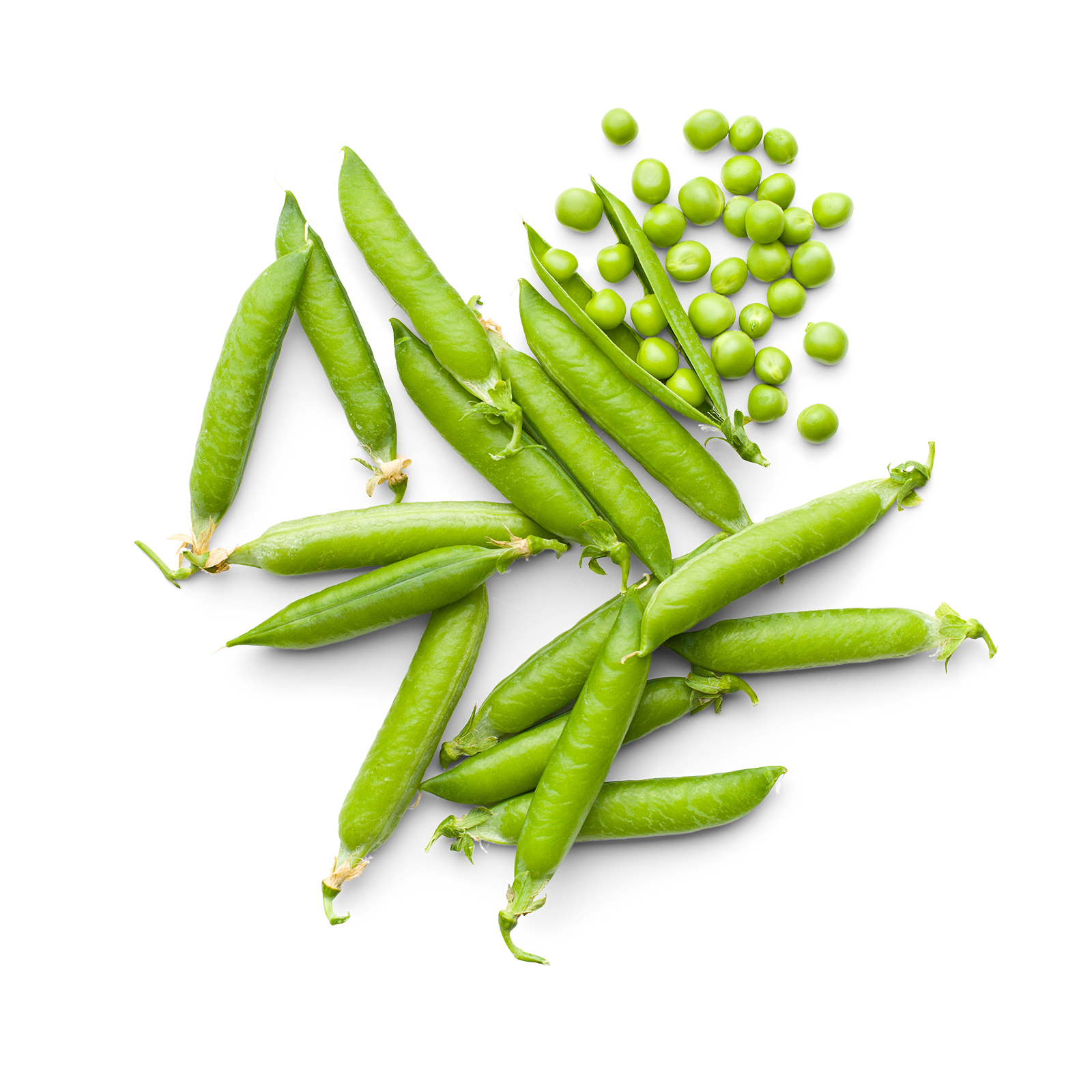 A collection of fresh green pea pods and pea peas on a black background.