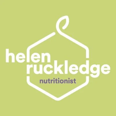 Logo with a green background, featuring the name 'Helen Ruckledge' and the title 'Nutritionist' inside a stylized hexagon with a leaf on top.