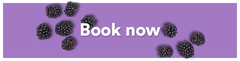 Multiple blackberries on a purple background with white text saying 'Book now.'