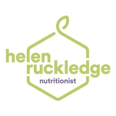 Logo of Helen Ruckledge, a nutritionist, with her name in green text and a purple title, enclosed in a green outline resembling a hanger.