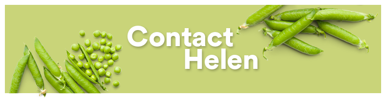 Green peas and pea pods with the text 'Contact Helen' on a light green background.