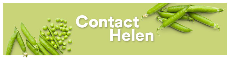 Green peas in pods and scattered peas with the text 'Contact Helen' on a light green background.