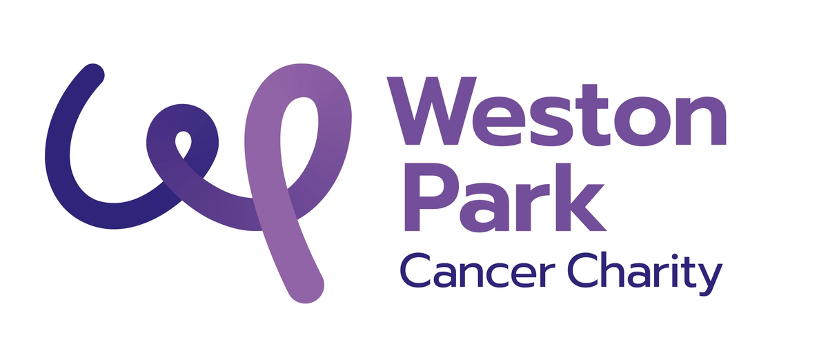 Logo for Weston Park Cancer Charity with purple and blue text and design elements.