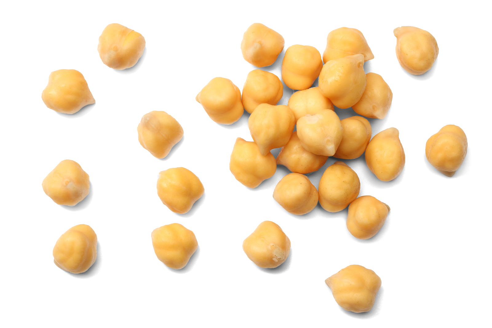 A group of raw chickpeas scattered on a surface.