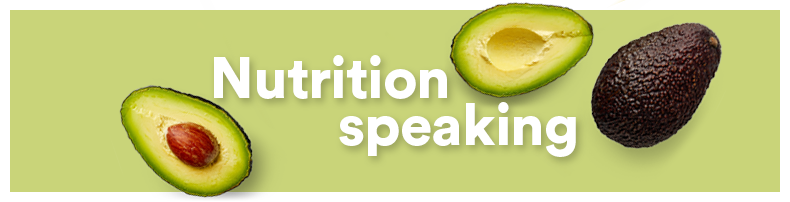 Avocado with half cut showing green flesh and seed, dark-skinned whole avocado, and sliced avocado on green background with white text reading 'Nutrition speaking'.