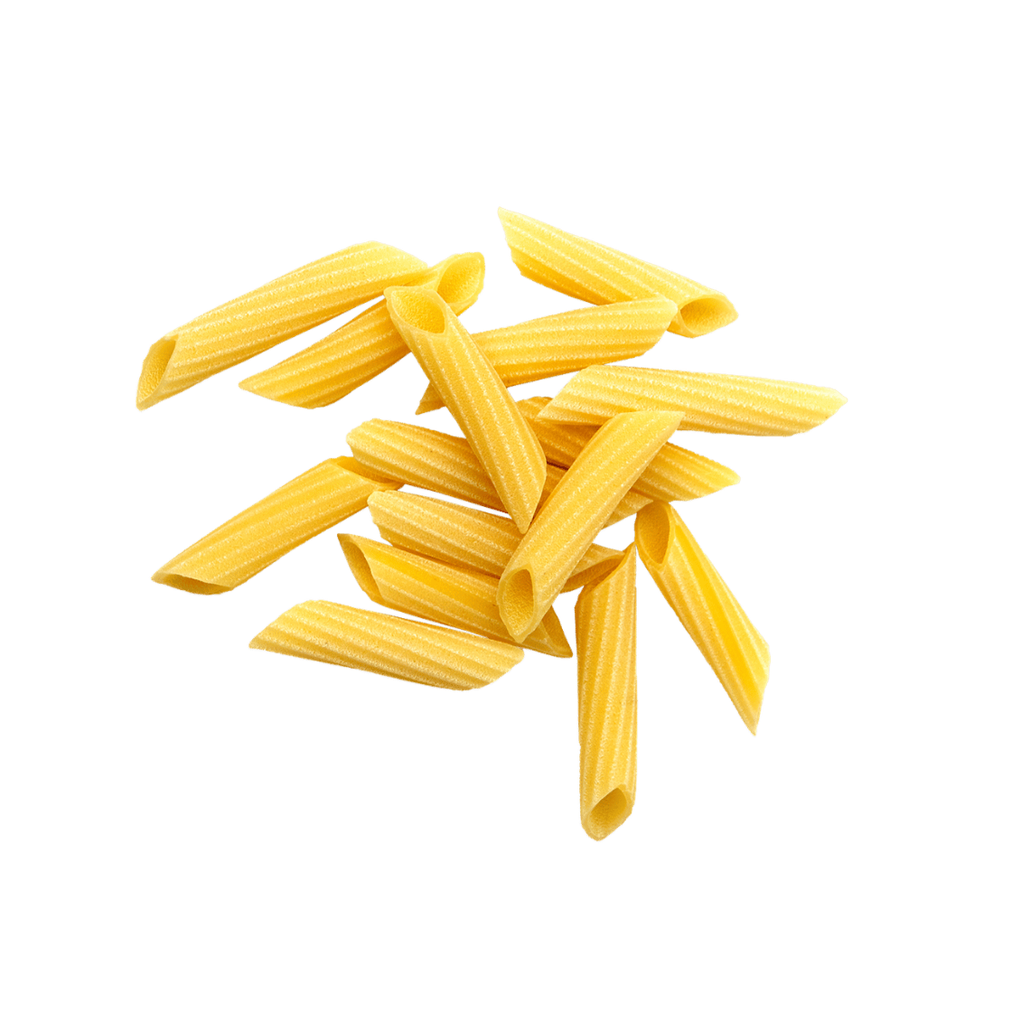 A pile of uncooked yellow rigatoni pasta isolated on a black background.