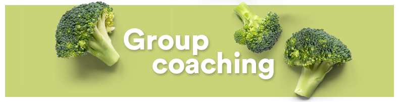 Four broccoli florets on a light green background with the words 'Group coaching' in white text.