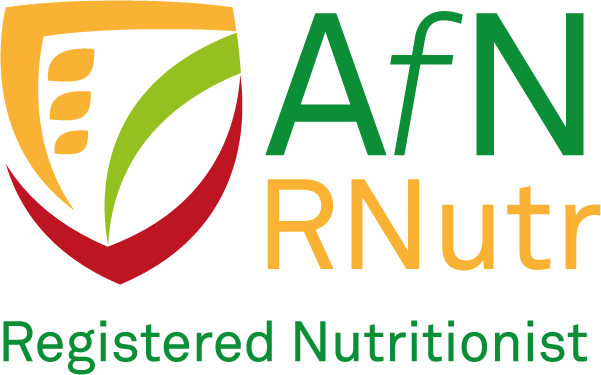 Logo for AFN RNutr with a shield symbol and the words 'AFN RNutr Registered Nutritionist' in green and gold.