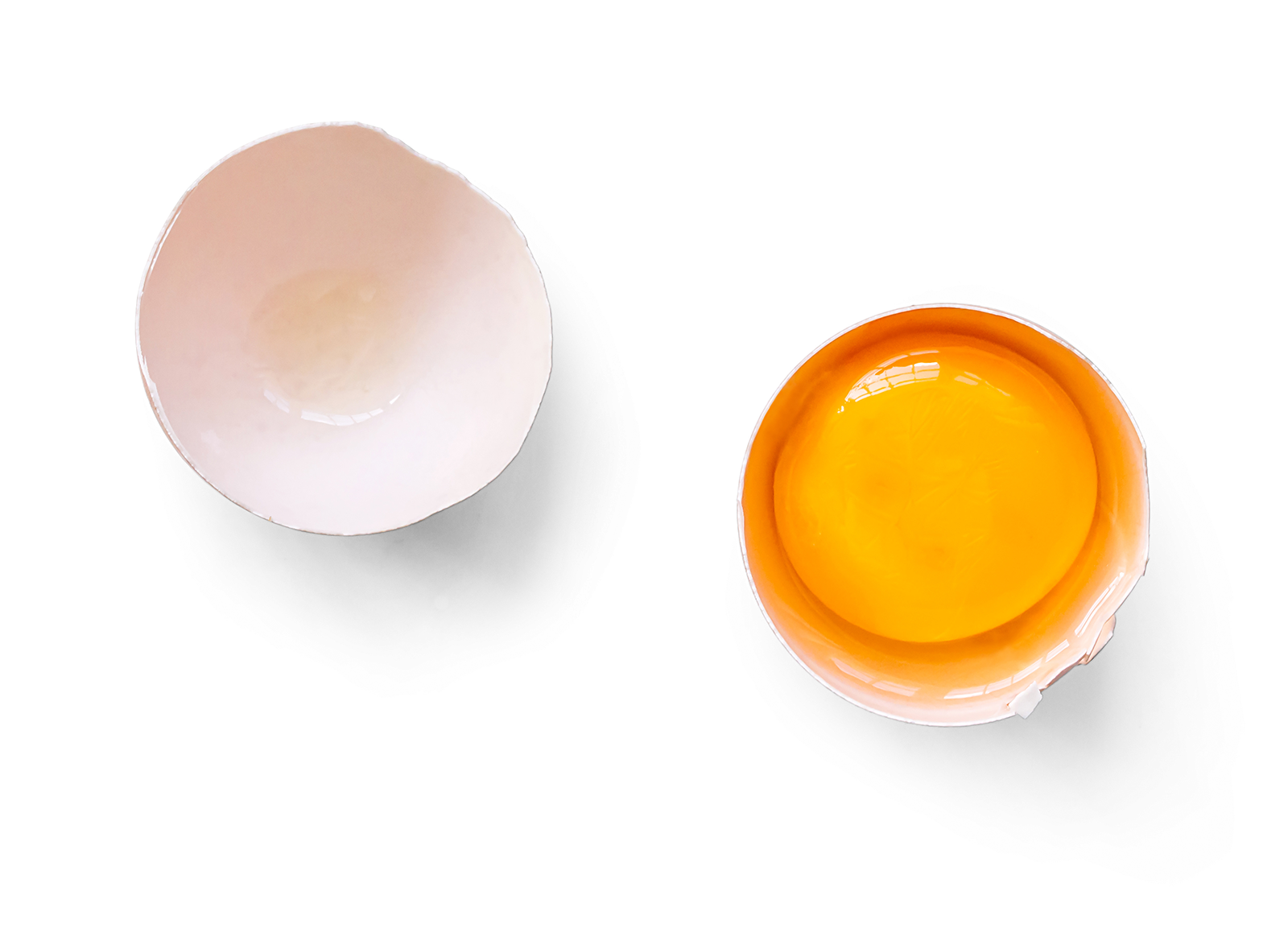 Egg shell with a raw egg and a half-cut egg showing the yolk and white against a black background.