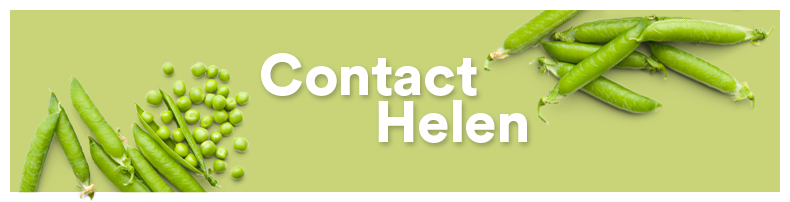 Green peas in pods and loose peas on a light green background with the text 'Contact Helen'.