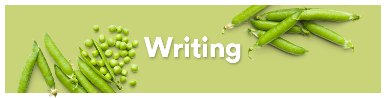 Green peas in pods and loose peas with the word 'Writing' on a light green background.