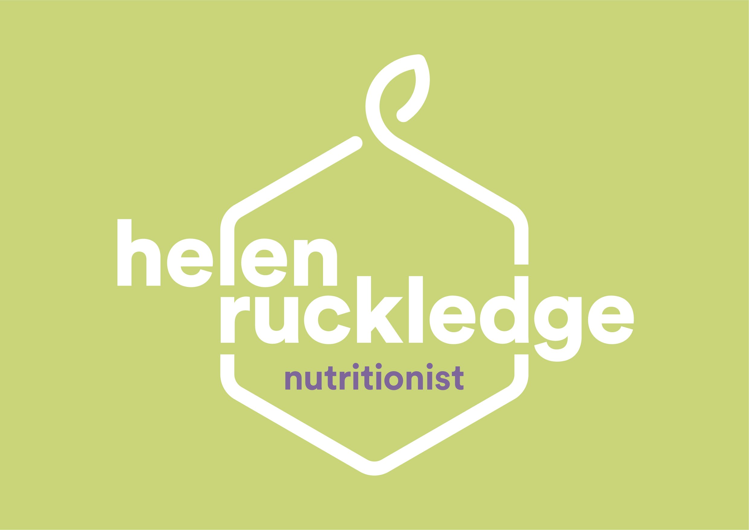 A logo of a stylized leaf with the text 'helen rickledge, nutritionist' on a light green background.