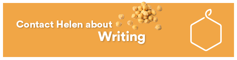 A banner with an orange background, white text, and a black section, encouraging contact about writing. It has chickpeas and a hexagon-shaped icon on the upper right.