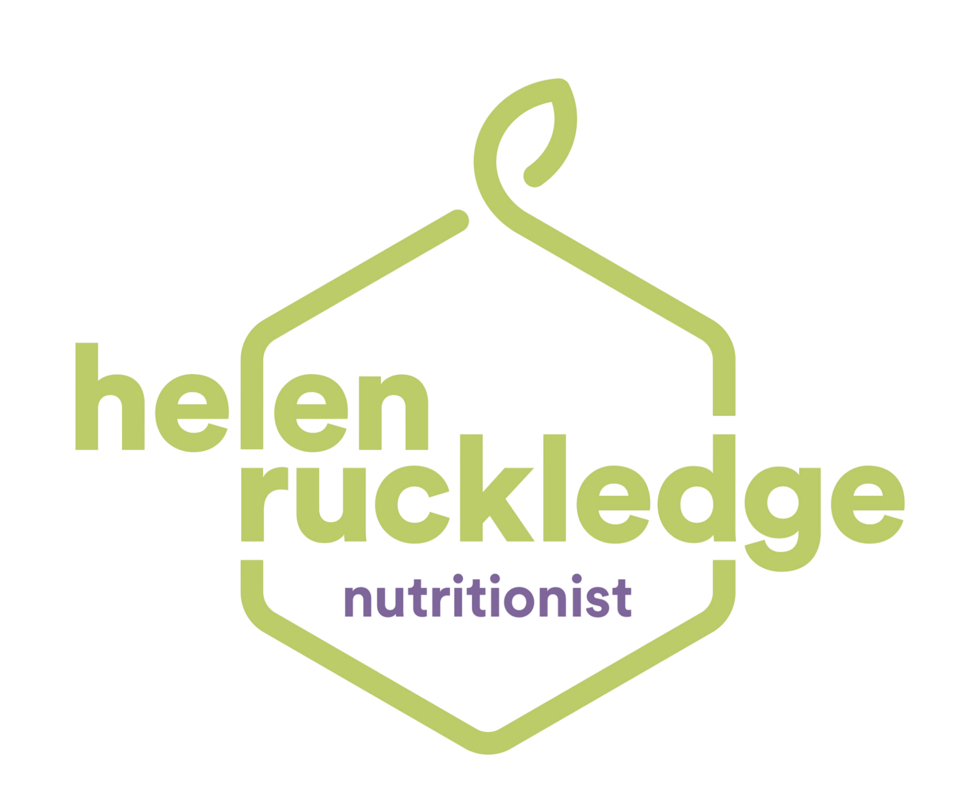 Logo with a light green outline of a house or roof and the words 'helena ruckledge nutritionist' in light green and purple, arranged in a modern, minimalist style.