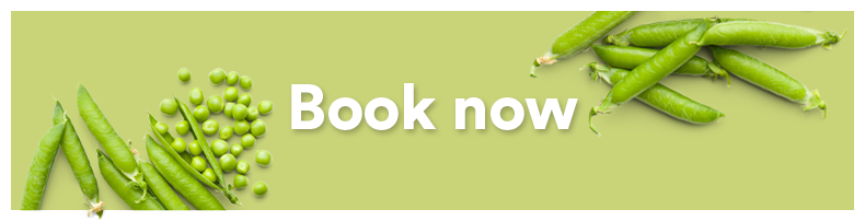 Green peas and pea pods with text "Book now" on a light green background.
