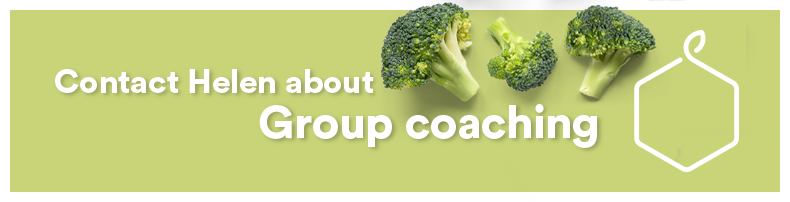 Green banner with broccoli at the top right and white text that reads "Contact Helen about Group coaching".