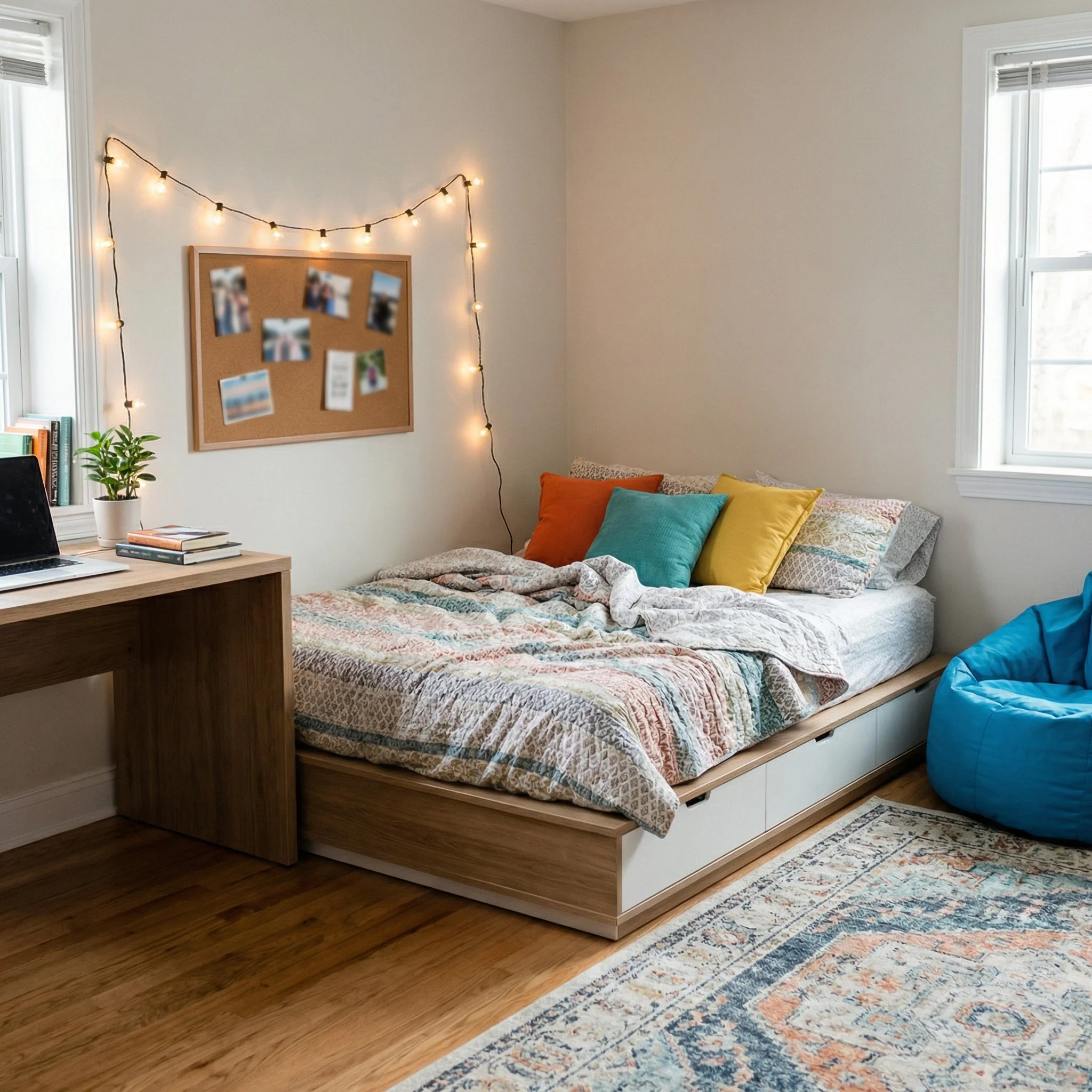 A cozy bedroom with a bed covered in a patterned duvet and colorful pillows, a wooden desk with books and a laptop, a blue bean bag chair, a wall decorated with string lights and a corkboard, two windows letting in natural light, and a patterned rug on the wooden floor.