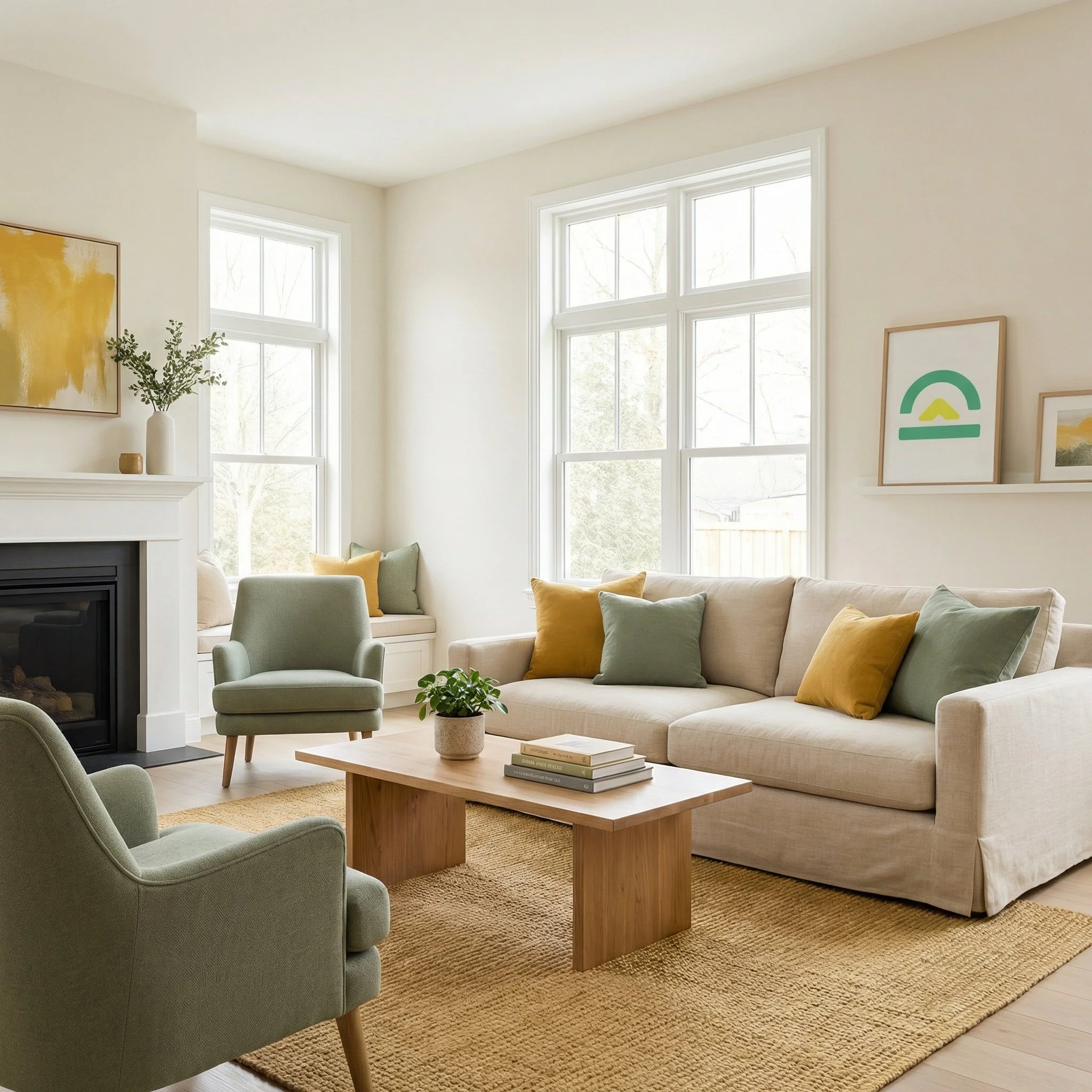 Bright living room with beige sofa and green and yellow pillows, green armchairs, a wooden coffee table with books and a plant, large windows, a white fireplace, and minimal wall art.