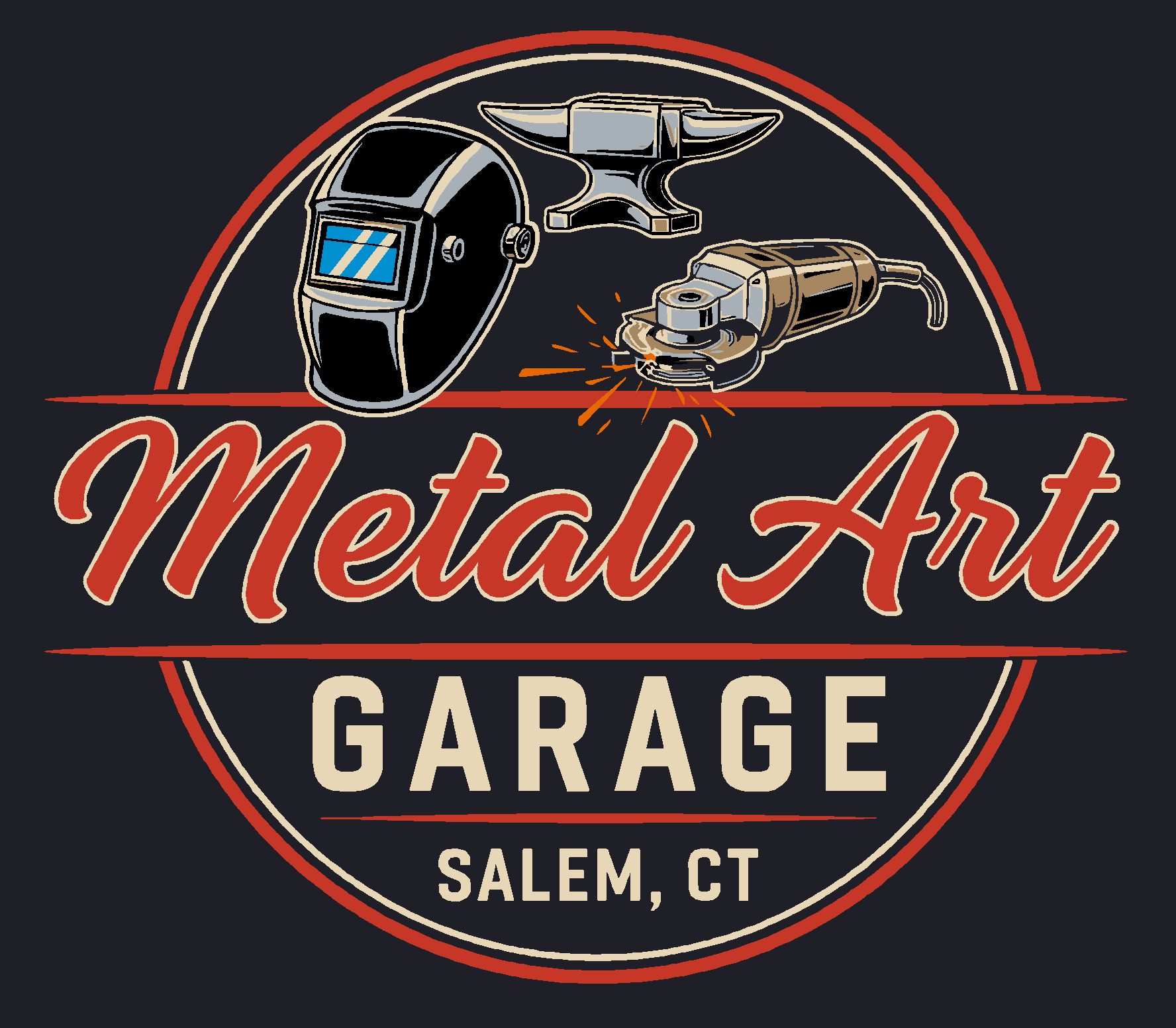 Design for Metal Art Garage in Salem, CT featuring a welding helmet, an anvil, and a grinding tool.