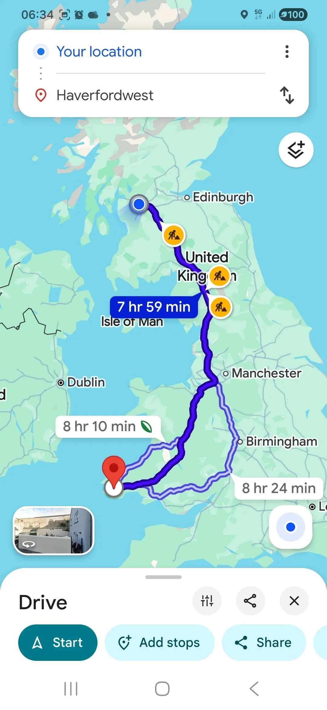 Map showing a driving route in Scotland from the north to the south, with estimated travel time of 7 hours and 59 minutes, and an alternative route with 8 hours and 10 minutes, including icons indicating roadwork.