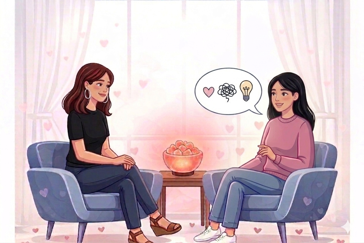 A graphic of Candi and a client in a therapy session