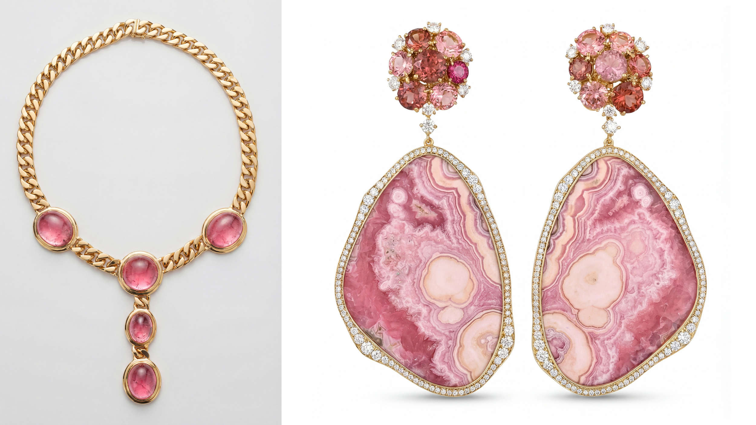 A vintage 18k yellow gold necklace with pink oval tourmaline on a white background and a pair of large pink gemstone earrings with floral accents and diamond borders.
