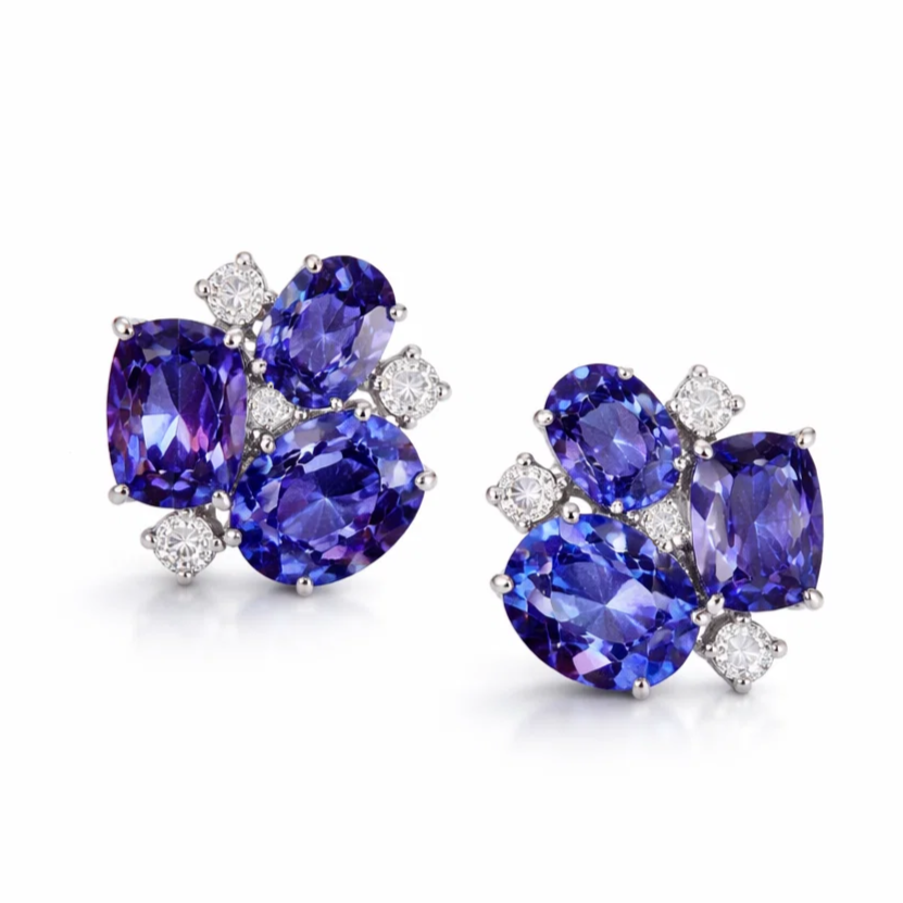 Donna Vock pearl cluster earrings with deep blue and purple oval gemstones and small clear diamonds set in silver.
