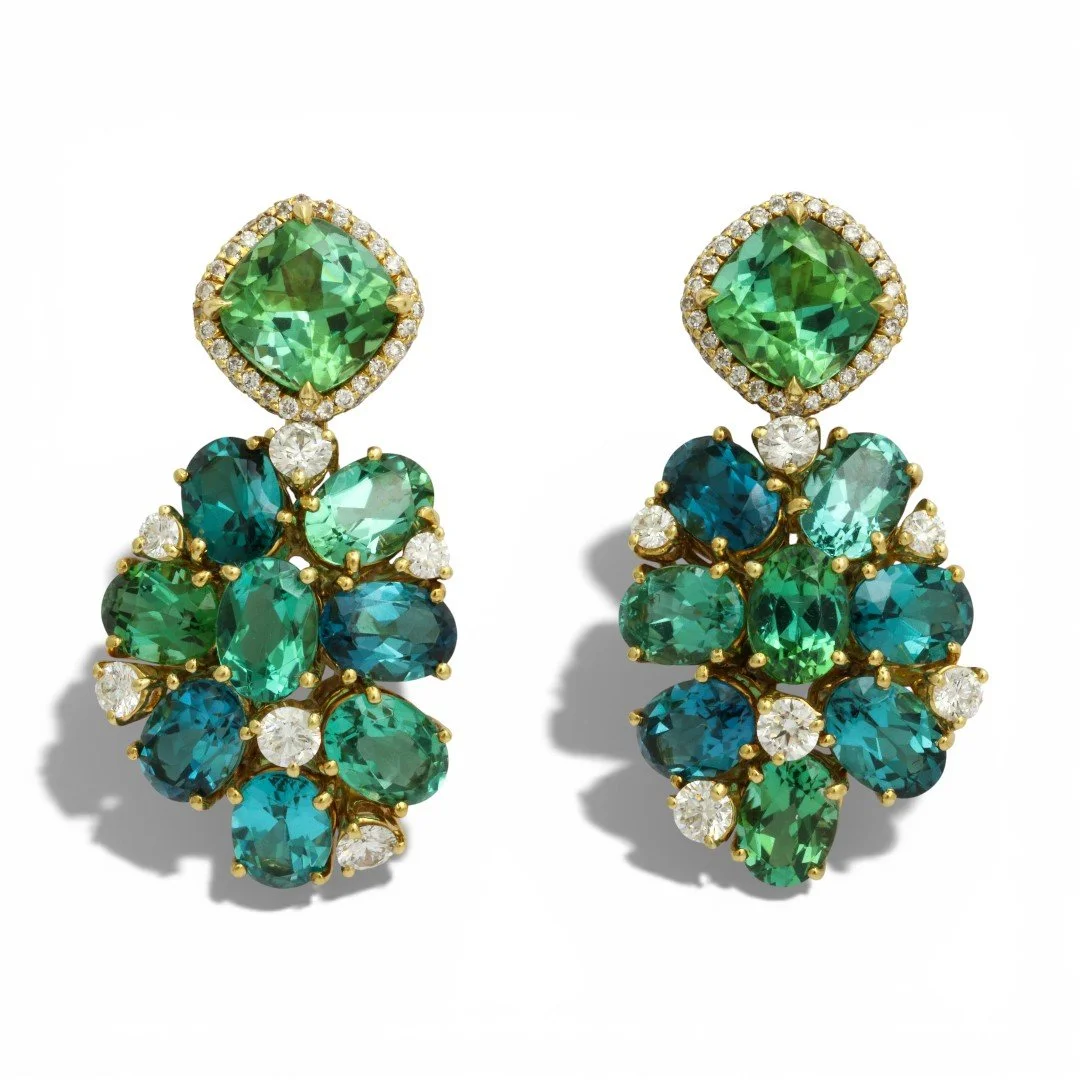 Donna Vock 18k yellow gold and gemstone earrings with green, blue, and clear stones arranged in floral design.