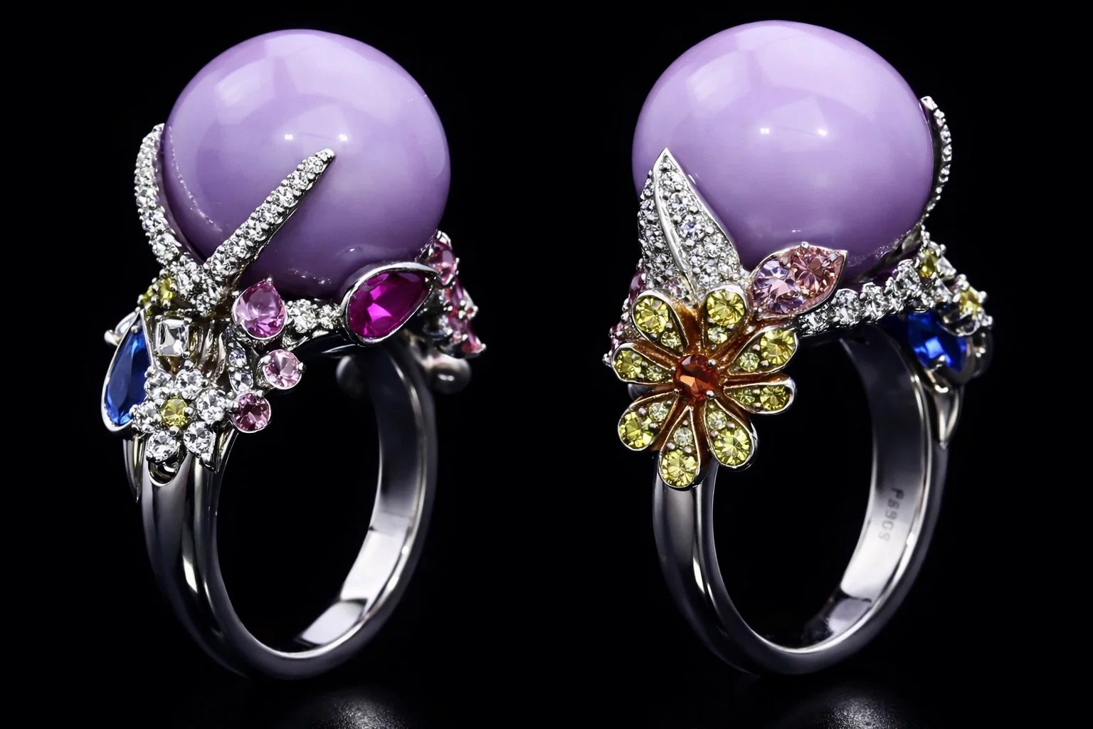 La Perle Violet Pearl ring by Donna Vock of Vock and Vintage. Featuring large purple spherical gemstones, adorned with various small colorful stones and sparkling diamonds, set against a black background.